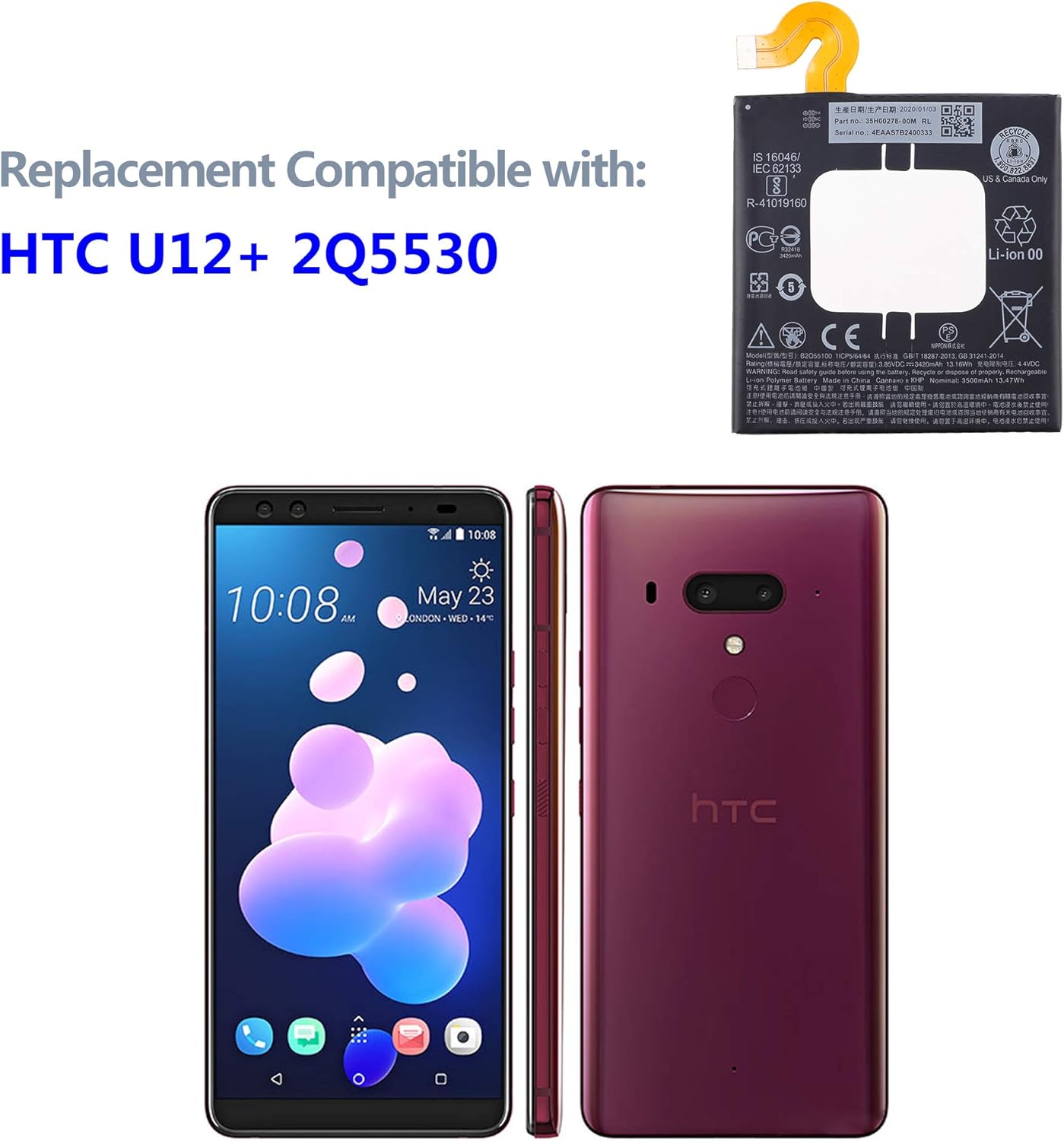 SwarKing Replacement Battery Compatible with HTC U12 Plus U12  35H00278-00M B2Q55100 with Toolkit